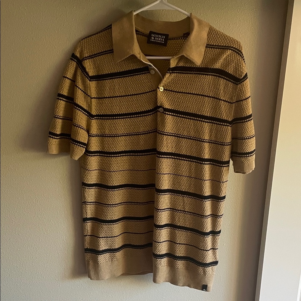 Scotch & Soda Knit Tan and Navy Striped Short-Sleeve Polo
